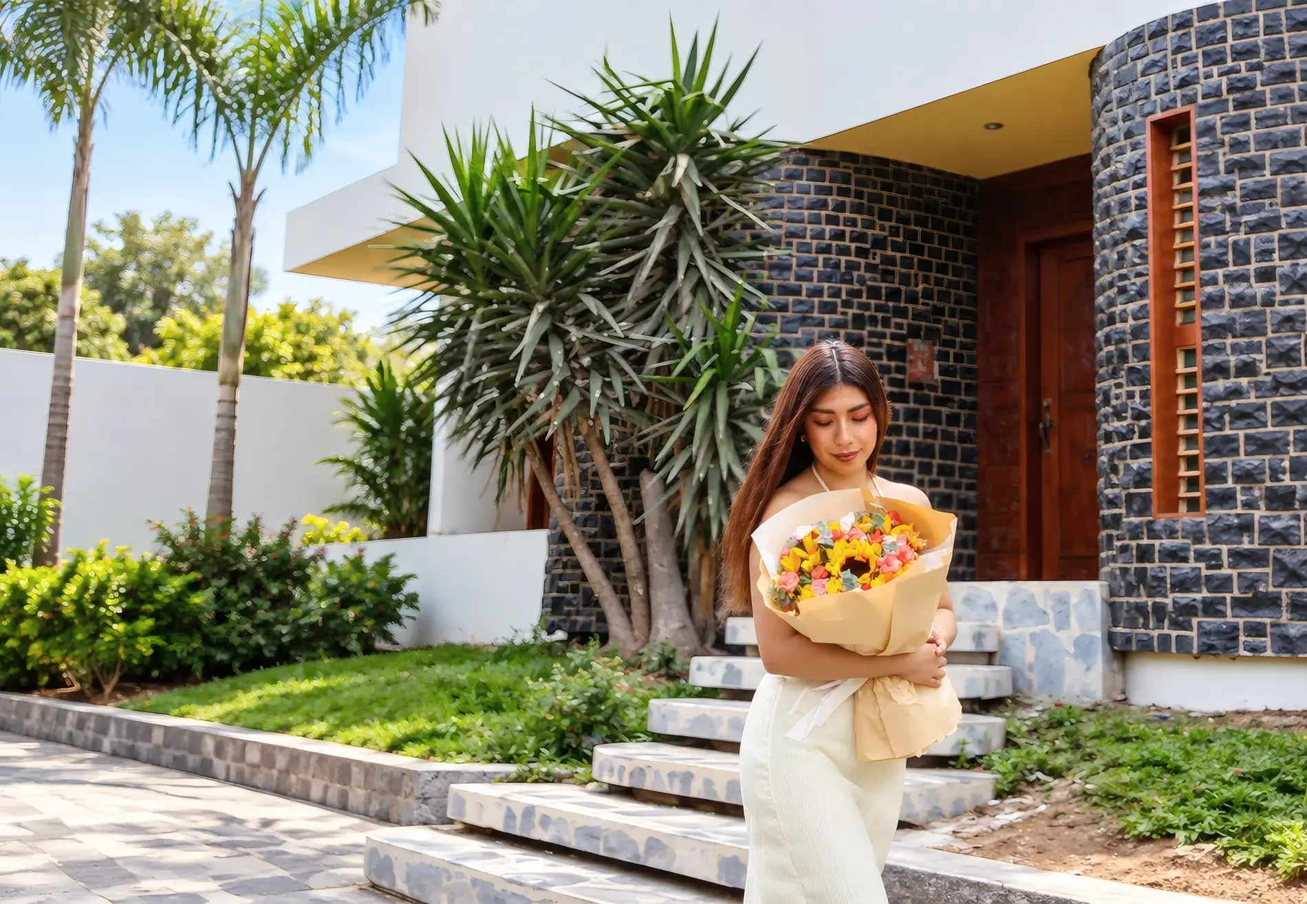 Mujer abrazando un ramo de girasoles y rosas envuelto en papel kraft frente a una casa