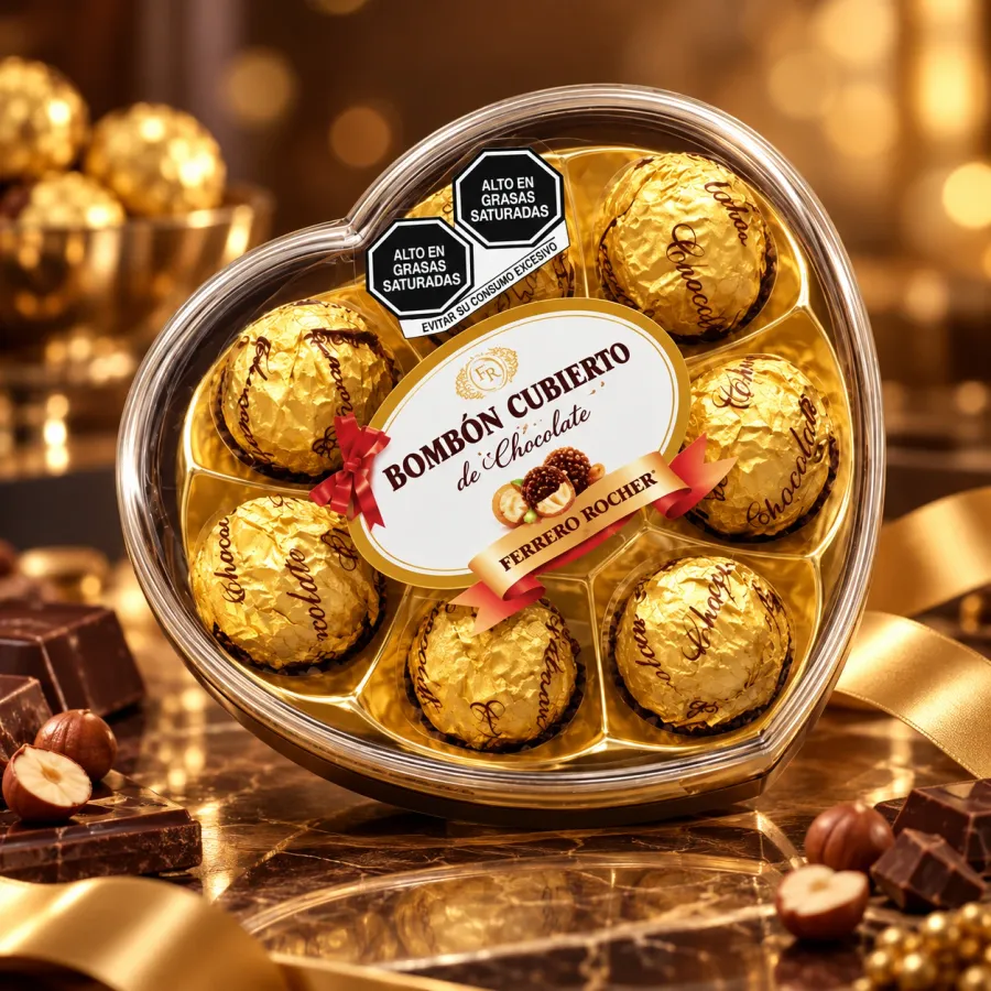 Caja de chocolates en forma de corazón con bombones dorados