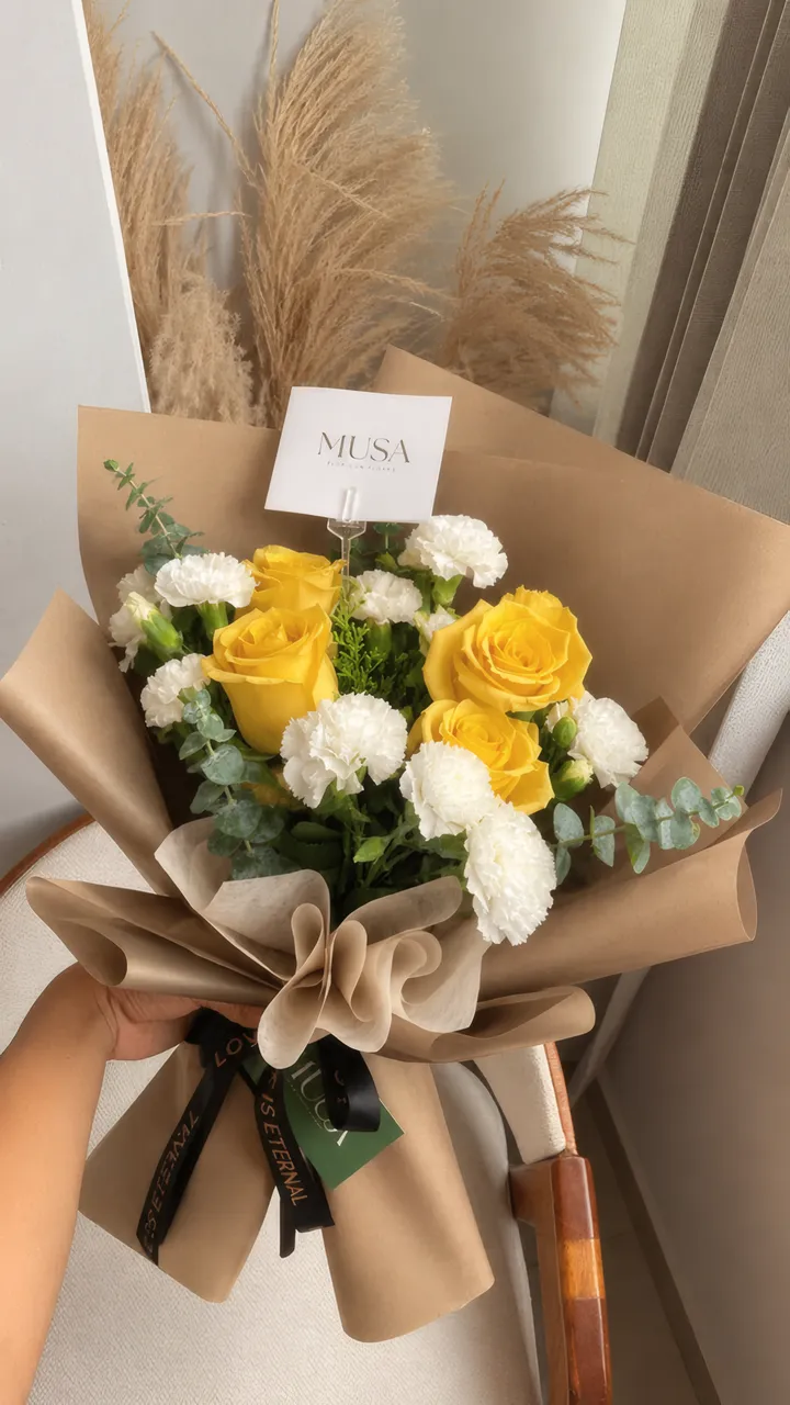 Ramo Destello: rosas amarillas y clavelinas blancas en papel kraft