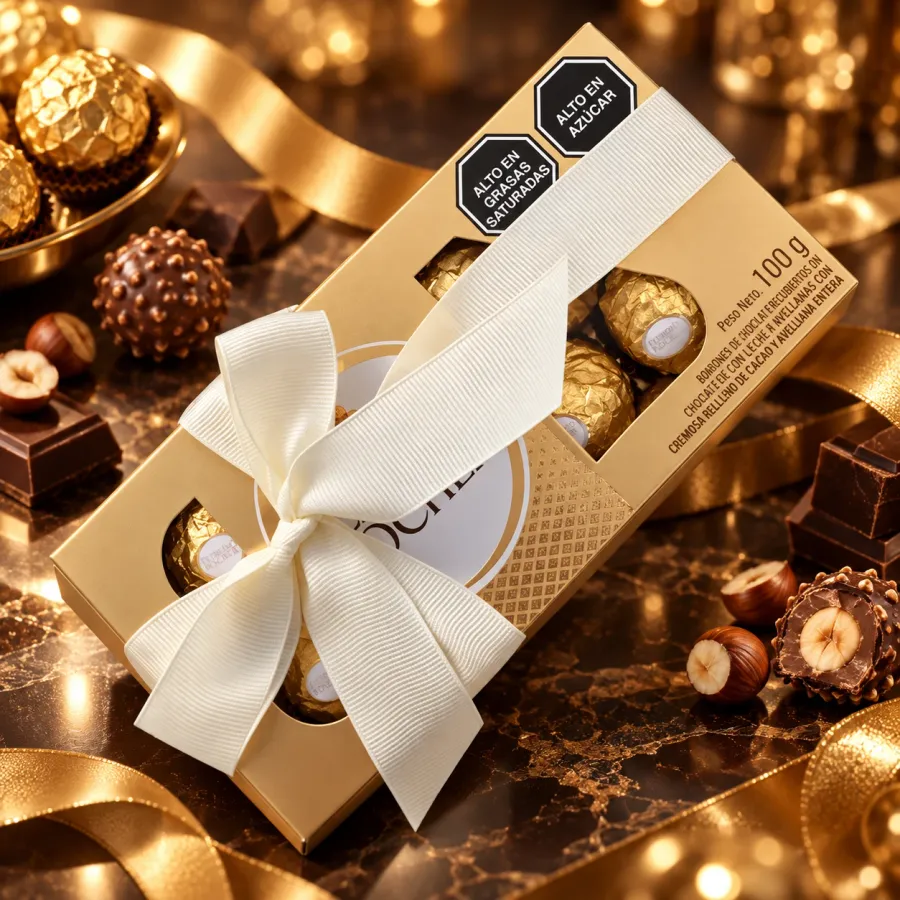 Caja de Ferrero Rocher dorada con lazo blanco