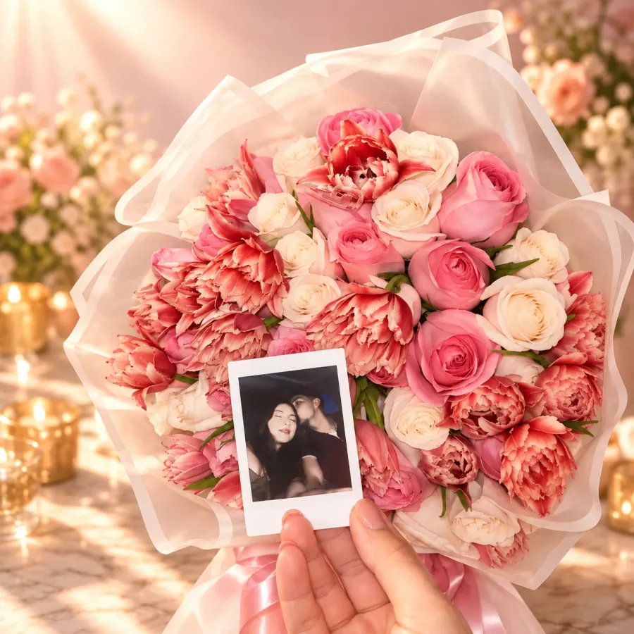 Foto tipo polaroid de una pareja sobre un ramo de rosas y tulipanes rosados